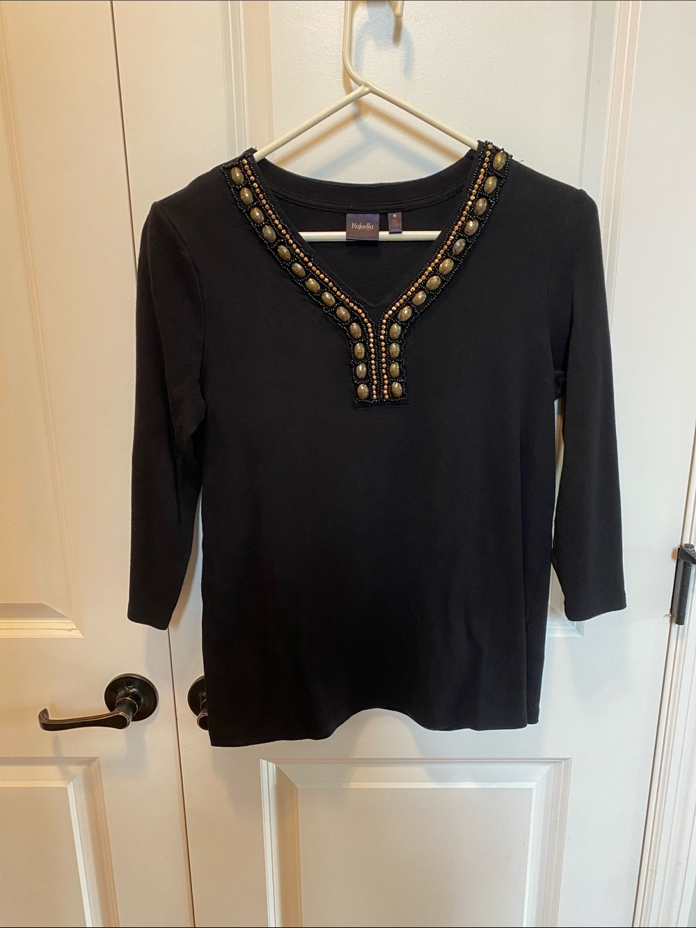 Rafaella Black V-Neck Top with Gold Bead Trim
